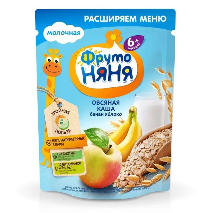 Каша ФрутоНяня молочная овсяная с бананом и яблоком с 6 месяцев 200 г 6 шт
