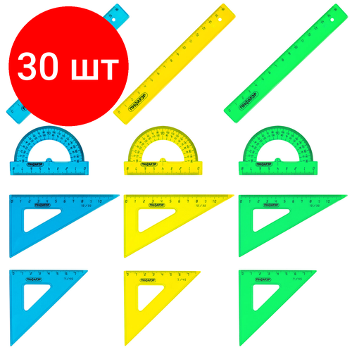 Комплект 30 шт, Набор чертежный малый пифагор (линейка 16 см, 2 треугольника, транспортир), неоновый, европодвес, 210625