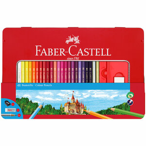 Карандаши цветные Faber-Castell "Замок", 48цв, 2 ч/г карандаша, ластик, точилка, метал. коробка