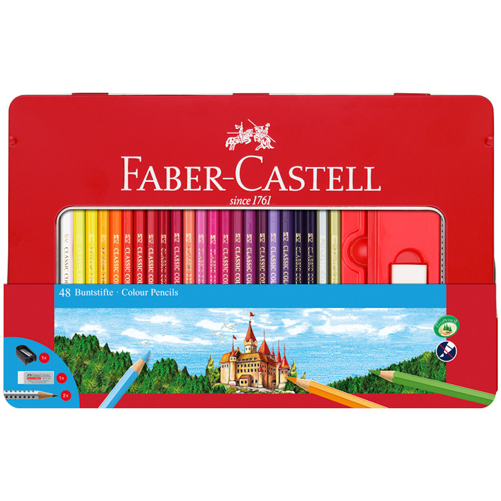 Карандаши цветные Faber-Castell "Замок", 48цв, 2 ч/г карандаша, ластик, точилка, метал. коробка