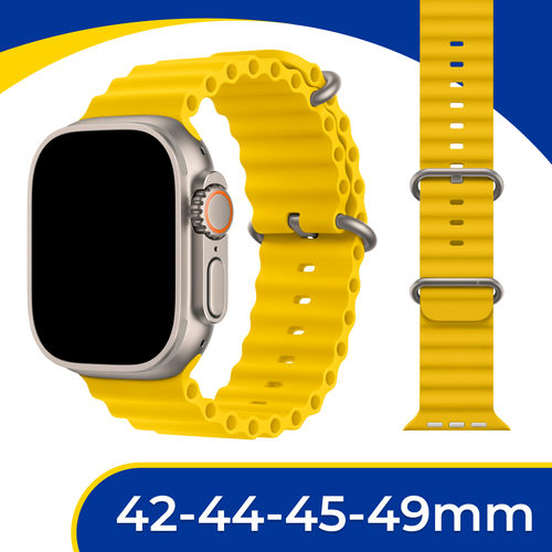 Силиконовый ремешок Ocean Band на смарт часы Apple Watch 1-9, SE, Ultra 42-44-45-49 мм / Сменный браслет для Эпл Вотч 1-9, СЕ, Ультра / Желтый силиконовый монобраслет для умных часов apple watch 42 44 45 49 mm 15 см сменный браслет для смарт часов эпл вотч 1 8 se серии olive