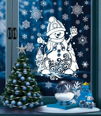 Новогодние наклейки на окна и стены "Снеговик" для декора на новый год двусторонние размер листа 237х33 см