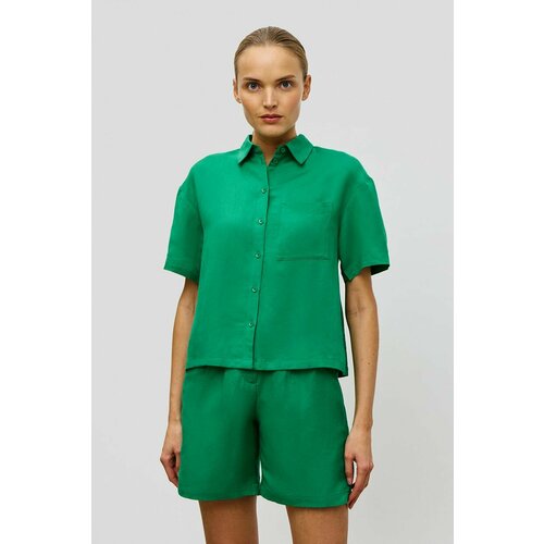 фото Блуза baon, повседневный стиль, оверсайз, короткий рукав, карманы, однотонная, размер 48, зеленый