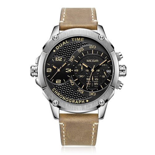 фото Наручные часы megir мужские наручные часы с хронографом и дополнительным часовым поясом, коричневый, черный