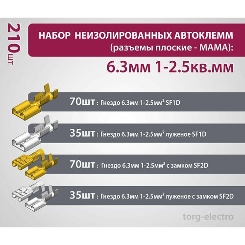 Набор неизолированных автоклемм (разъемы плоские - мама): 6.3м 1-2.5кв. мм (210 шт)