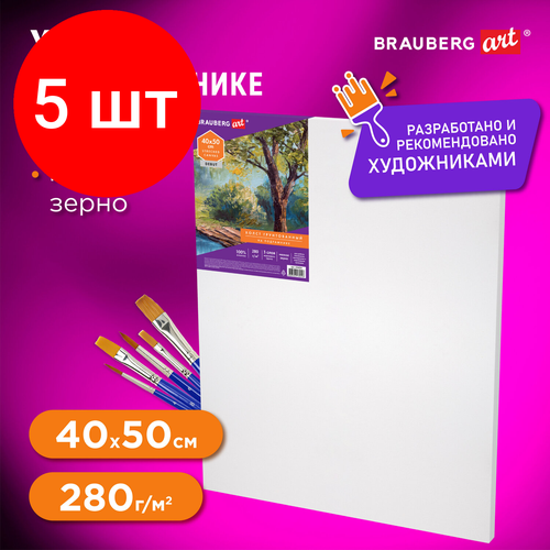 Комплект 5 шт, Холст на подрамнике BRAUBERG ART DEBUT, 40х50см, грунтованный, 100% хлопок, мелкое зерно, 191024