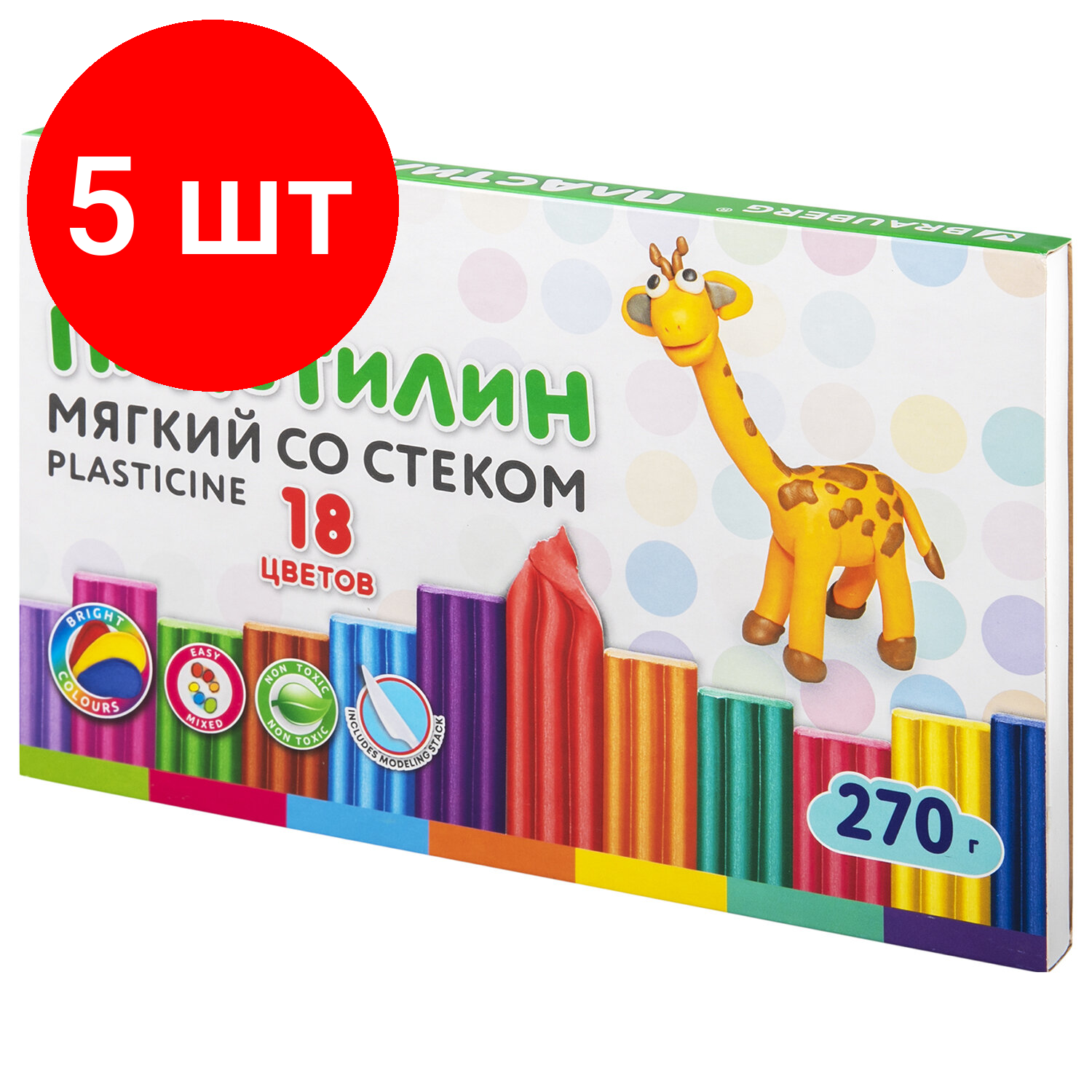 Комплект 5 шт, Пластилин мягкий восковой BRAUBERG KIDS, 18 цветов, 270 г, со стеком, 106497