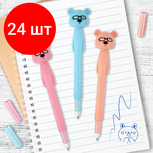 Комплект 24 шт, Ручка фигурная шариковая юнландия Мишка, мягкий силиконовый корпус, ассорти, синяя, пишущий узел 0.7 мм, 143780