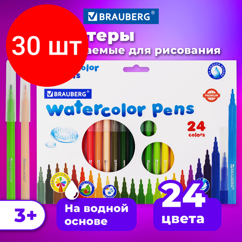 Комплект 30 шт, Фломастеры BRAUBERG PREMIUM, 24 цвета, ультрасмываемые, классические, вентилируемый колпачок, картонная коробка с европодвесом, 151940