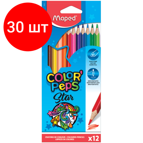 Комплект 30 шт, Карандаши цветные MAPEDColor'Peps Star, 12 цветов, трехгранные, заточенные, европодвес, 183212 карандаши восковые мелки пастель brauberg карандаши цветные трехгранные заточенные star patrol 12 цветов