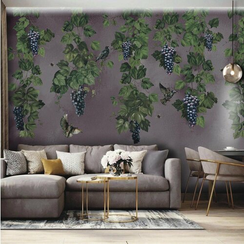 Фреска бесшовная Скворцы и виноград розово-фиолетовый (ширина 2750мм х длина 2000мм)