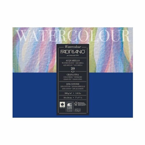 Fabriano Блок для акварели Watercolour 300г/м2 18x24см Grain fin \ Cold pressed 20л склейка по 4 сторонам