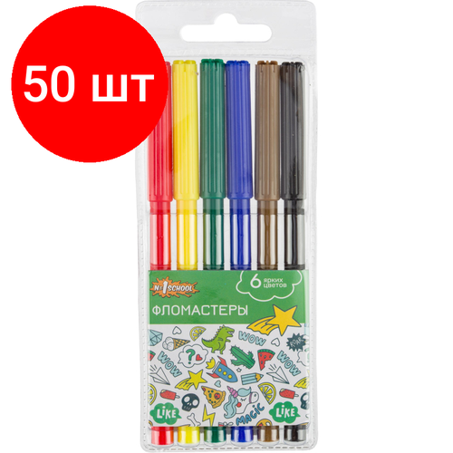 Комплект 50 наб, Фломастеры №1School Отличник 6 цв, вентилир, смыв, блист. упак