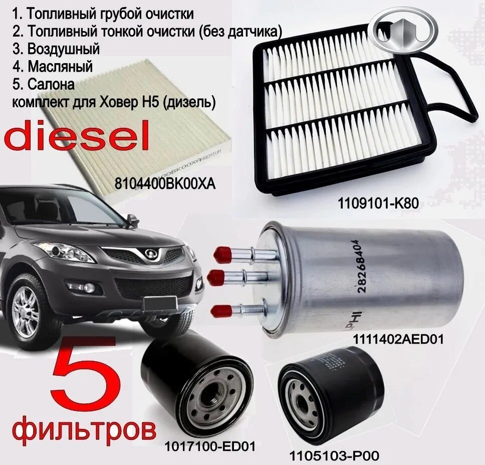 фото Фильтр воздушный, масляный, топливный грубой очистки, топливный тонкой очистки и салона комплект 5 шт. Great Wall Hover H5, diesel (дизель)