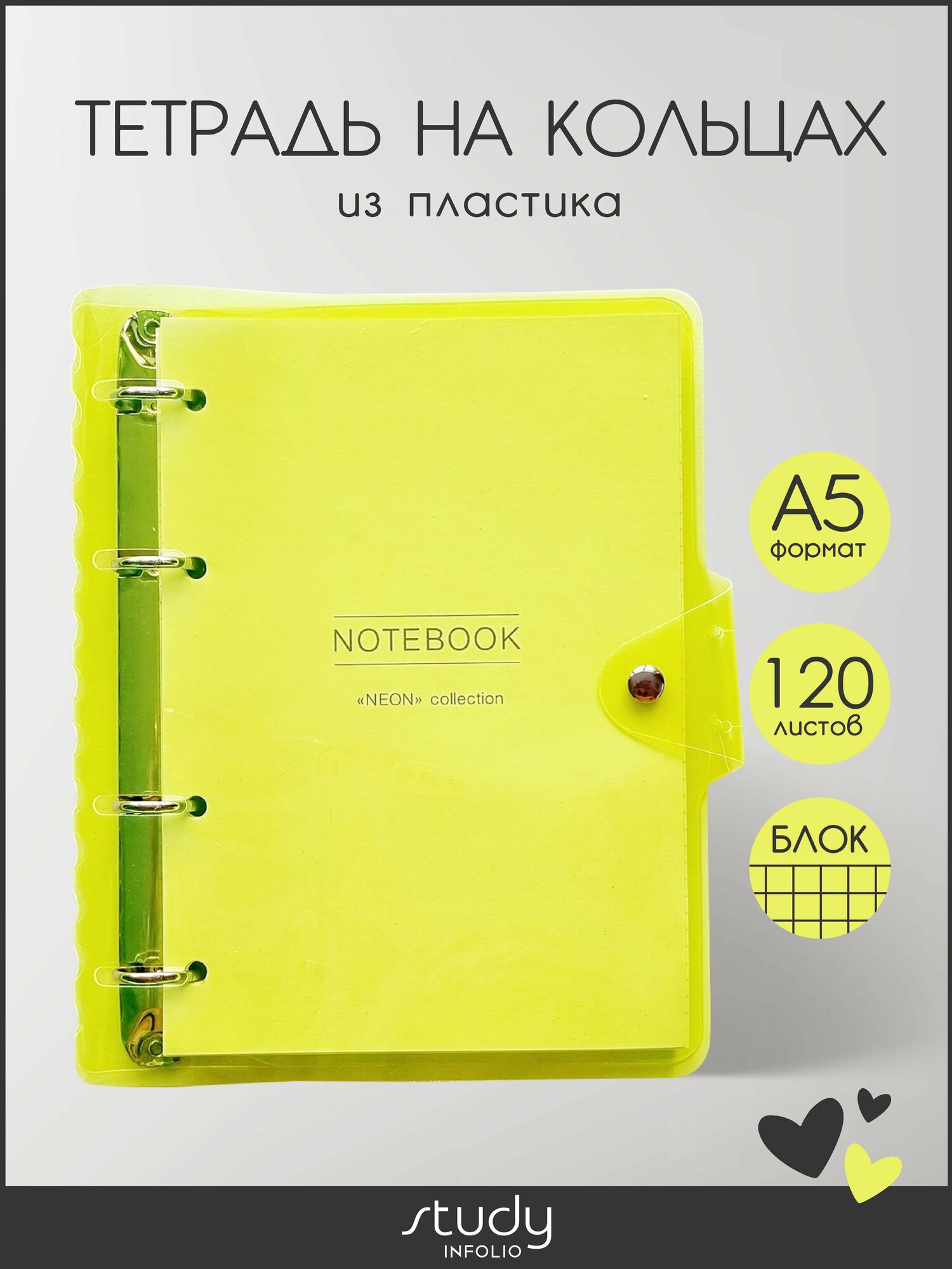 Тетрадь на кольцах общая Infolio Study "Neon" А5 на 120 листов, пластиковая обложка