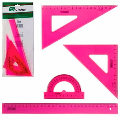 Набор чертежный СТАММ Neon Cristal, 4 предмета, линейка 30 см, транспортир, 2 треугольника (346259)