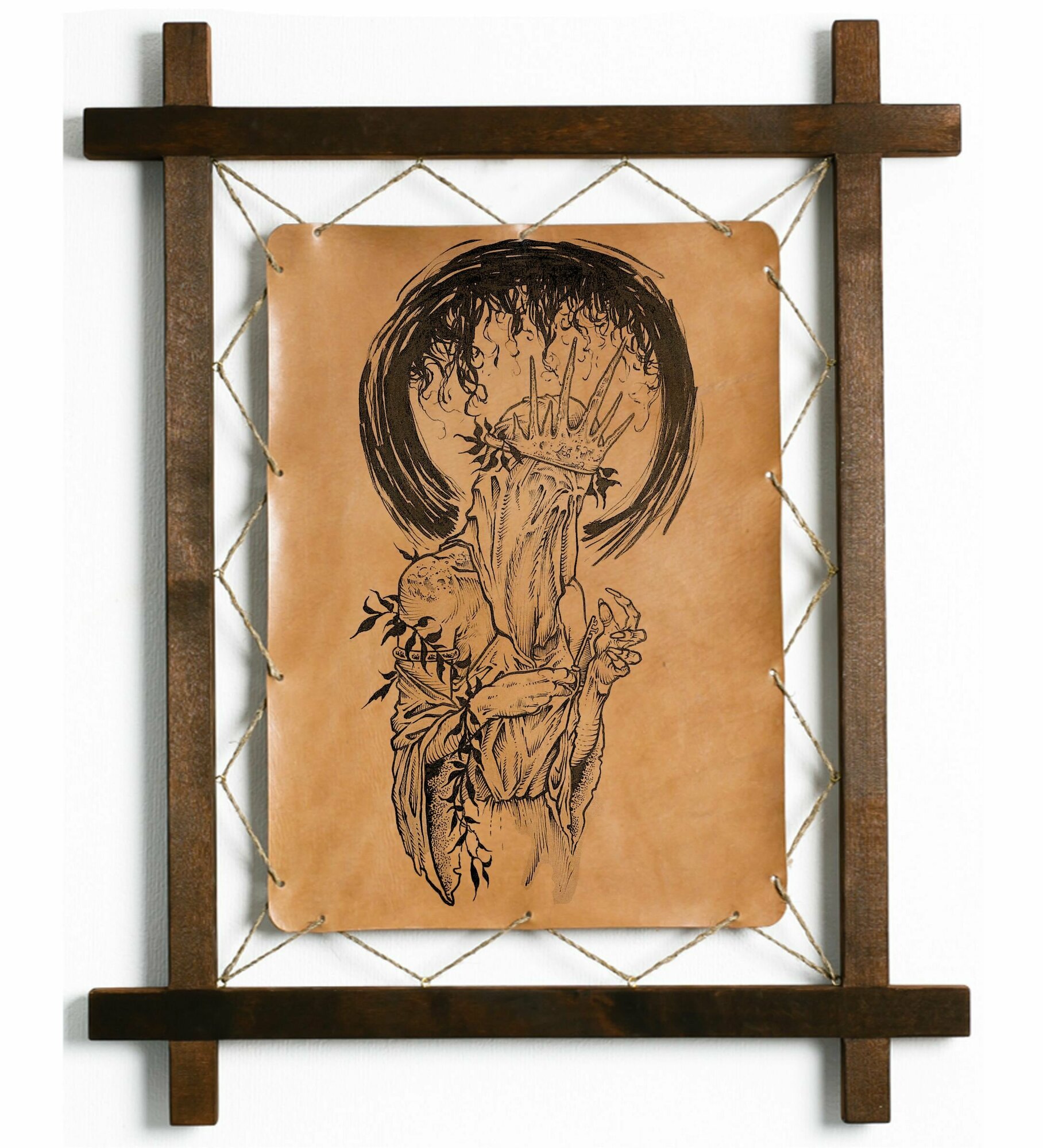 Картина Ангел смерти, гравировка на натуральной коже, интерьерная для украшения и декора на стену в деревянной раме, подарок, BoomGift
