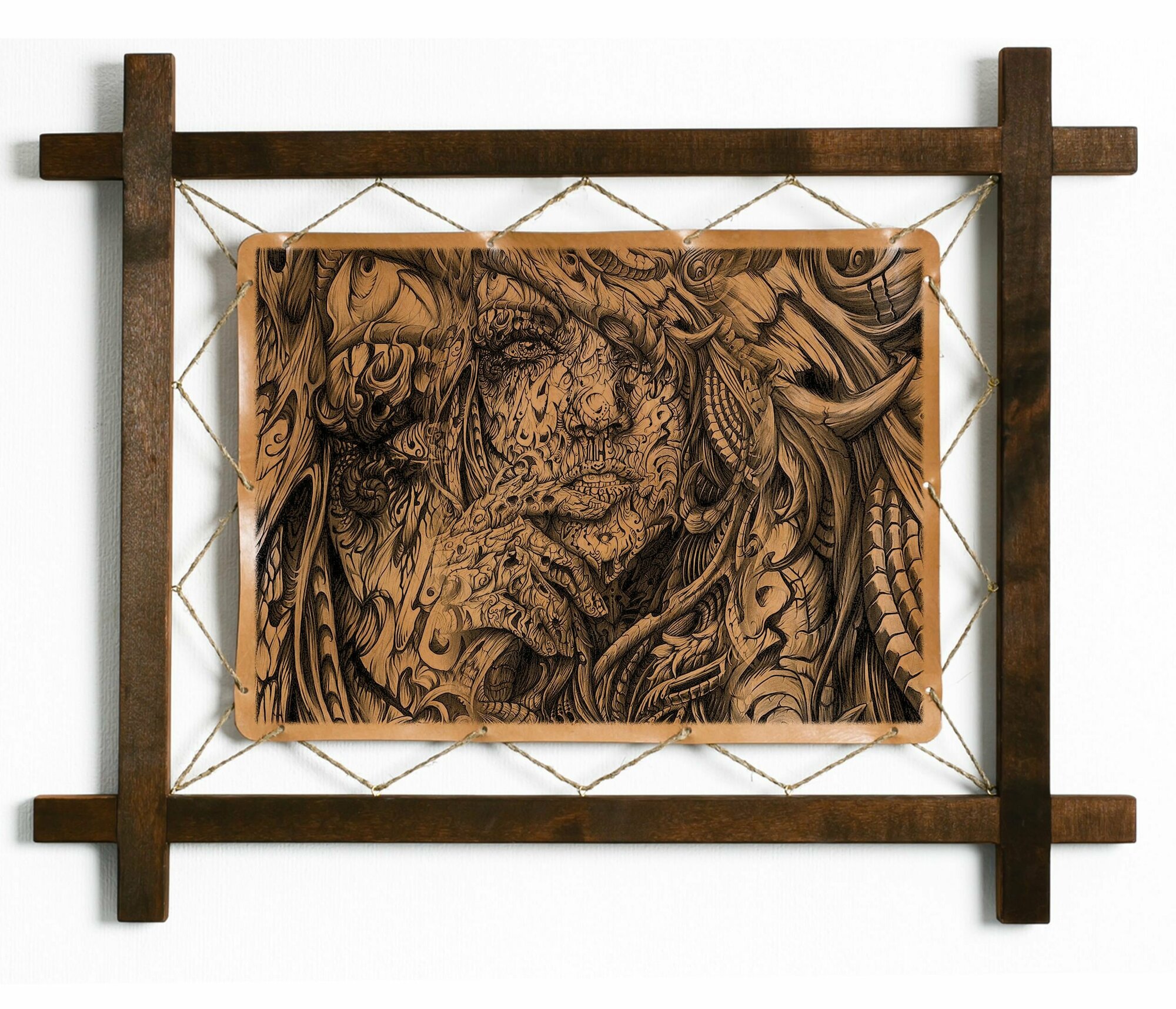 Картина Абстракция девушки, гравировка на натуральной коже, интерьерная для украшения и декора на стену в деревянной раме, подарок, BoomGift