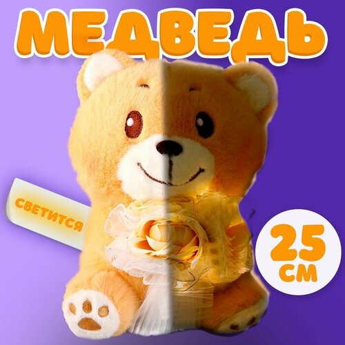 Мягкая игрушка «Медведь с букетом», 25 см, с гирляндой