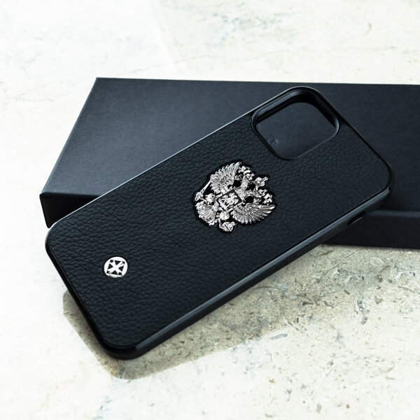 Чехол iPhone 15 Pro Max / Euphoria Premium Leather Black - Герб РФ - Euphoria HM Premium - натуральная кожа — фото 1