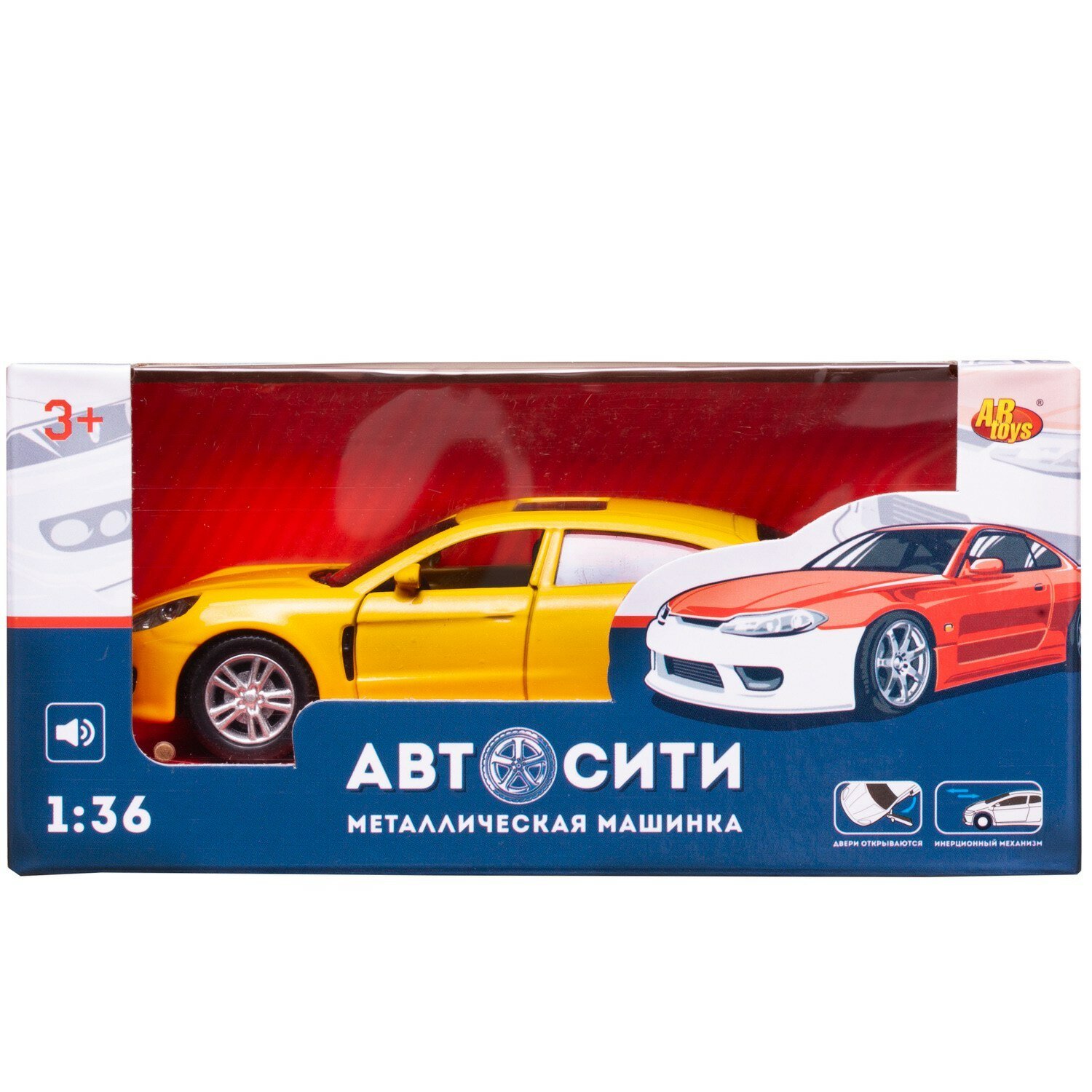 Машинка металлическая Abtoys АвтоСити 1:36 Седан купе инерционный с открывающими передними дверцами желтый свет звук C-00523/желтый