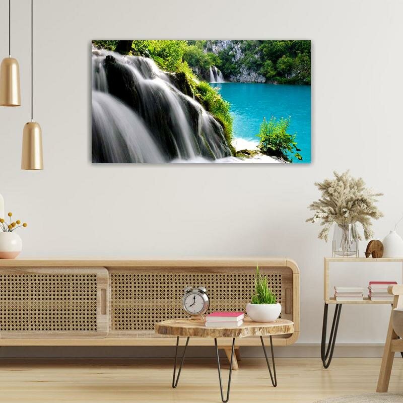 Картина на холсте 60x110 LinxOne "Лес деревья водопад поток озеро" интерьерная для дома / на стену / на кухню / с подрамником