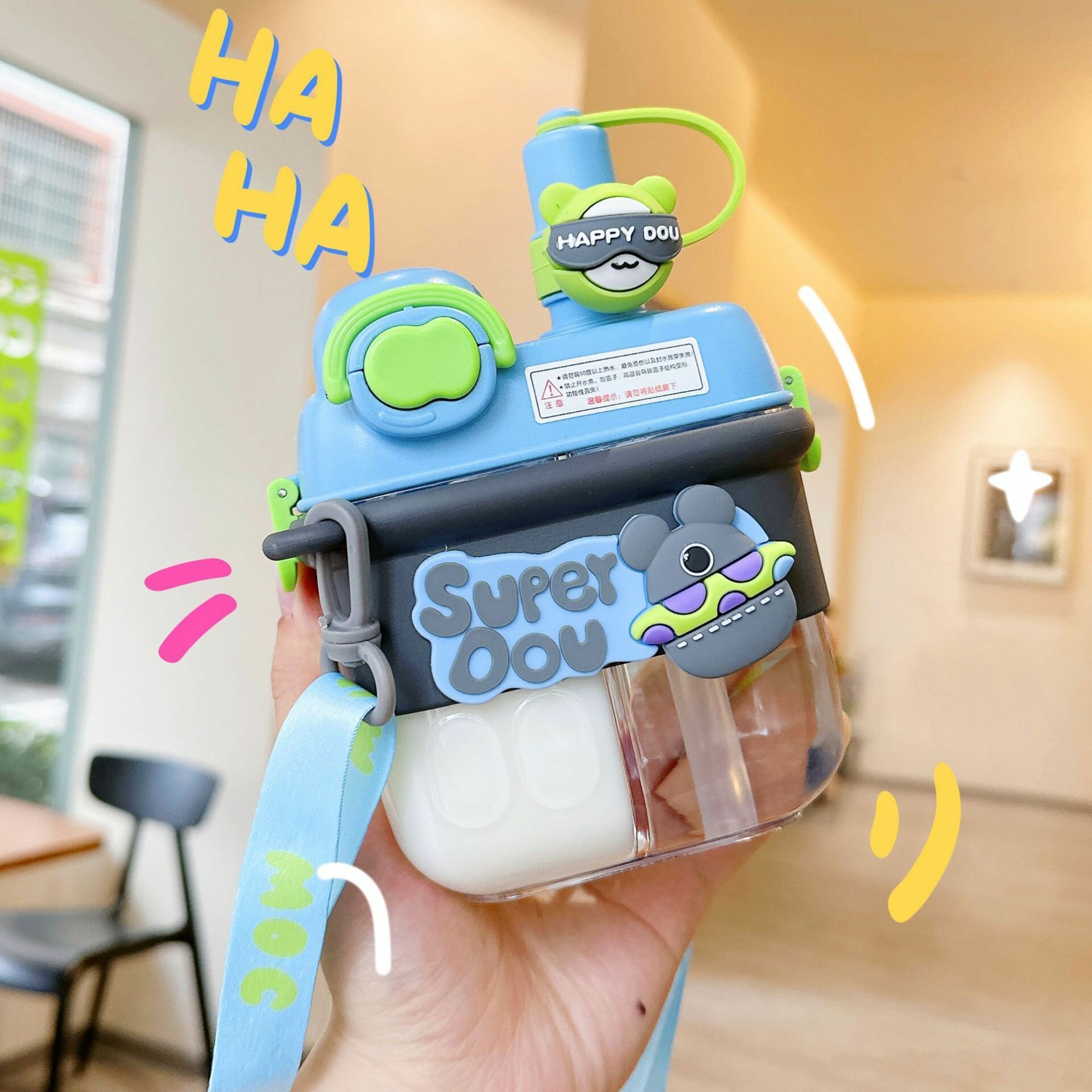 фото Бутылка для воды детская, с ремешком через плечо, 800 мл, голубая