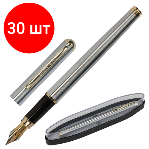 Комплект 30 шт, Ручка подарочная перьевая BRAUBERG Maestro, синяя, корпус серебристый с золотистыми деталями, линия письма 0.25 мм, 143469