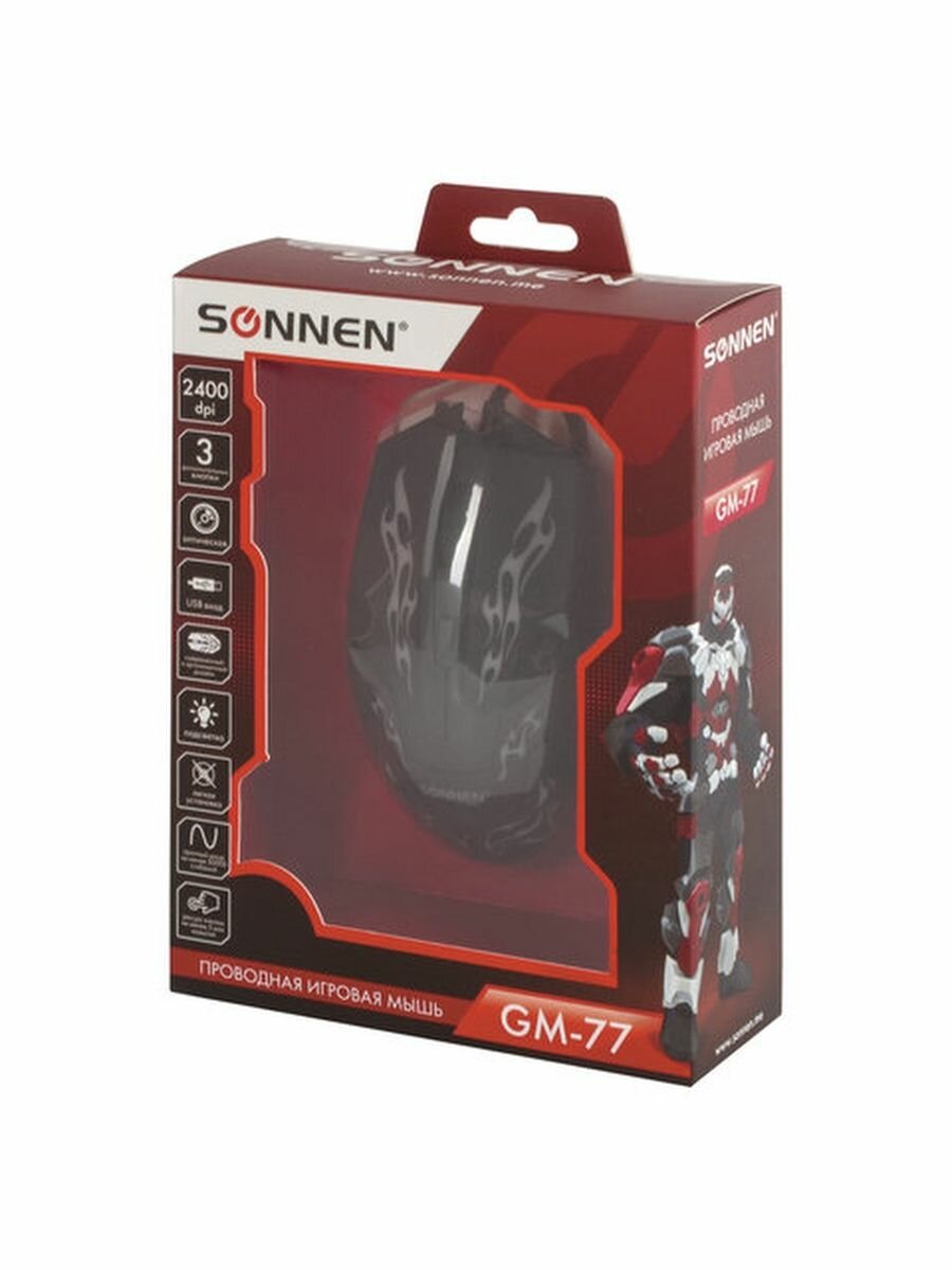 Мышь проводная игровая Sonnen GM-77 USB 2400dpi 6 кнопок оптическая LED подсветка черная - фото №13