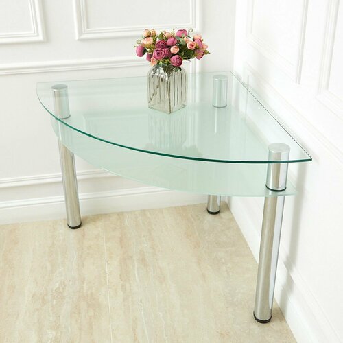 Угловой стол для кухни и гостинной с прозрачной столешницей и матовой полкой, три ножки цвета хром