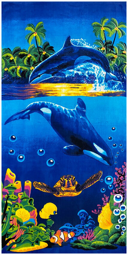 Полотенце пляжное, банное, для бассейна, для ванны, для пляжа Два кита и черепаха 70х140 см