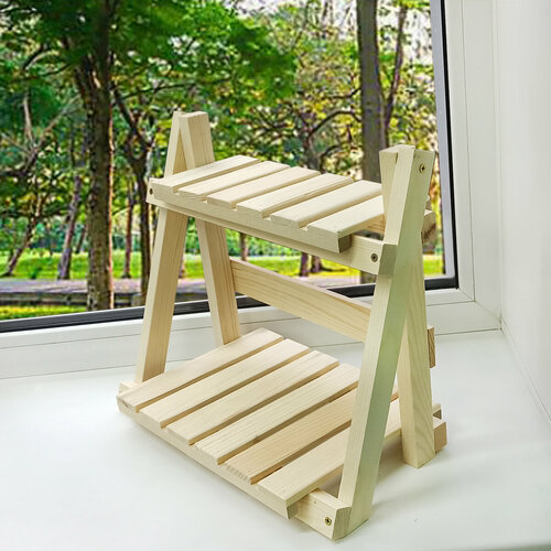 Стеллаж для кухни деревянный настольный, подставка для цветов на окно 2 полки, натуральное дерево, 40х23х35 см