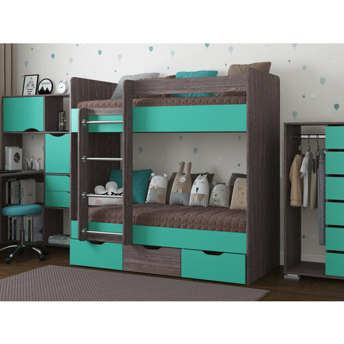 Кровать двухъярусная с ящиками Есэндвич tre Лаворо, 180х70 см (Анкор тёмный/Аква)