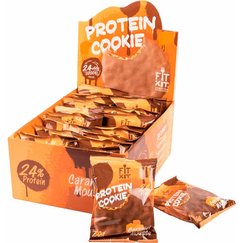 Fit Kit, Chocolate Protein Cookie, упаковка 24шт по 50г (карамельный мусс) протеиновое печенье в шоколаде без сахара fit kit chocolate protein cookie упаковка 24шт по 50г апельсиновый нектар