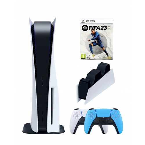 PS5 (ПС5) Игровая приставка Sony PlayStation 5 (3-ревизия)+2-й геймпад(голубой)+зарядное+FIFA23, 825 ГБ игровая приставка sony playstation 5 3 ревизия 2 й геймпад розовый зарядное атомик 825 гб