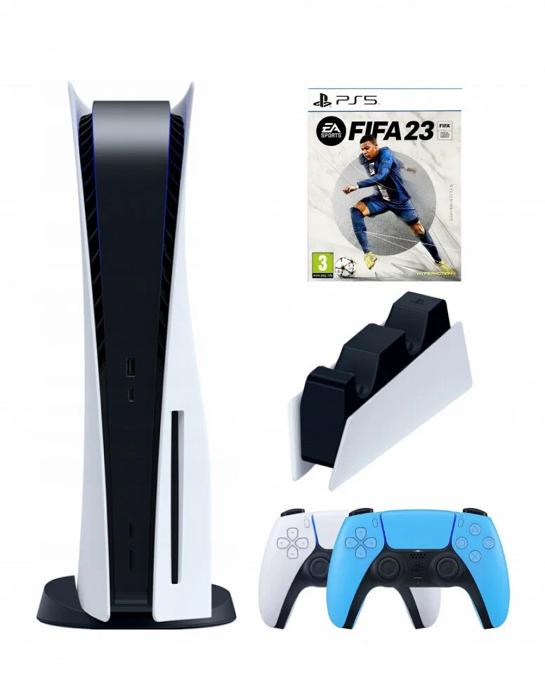 PS5 (ПС5) Игровая приставка Sony PlayStation 5 (3-ревизия)+2-й геймпад(голубой)+зарядное+FIFA23, 825 ГБ
