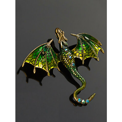фото Брошь дракон, стразы, зеленый petro-jewelry
