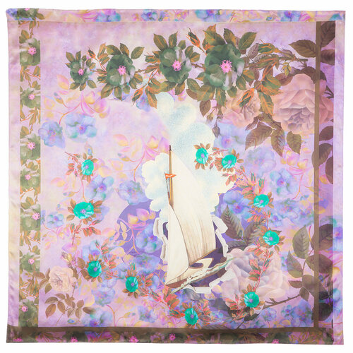 фото Платок павловопосадская платочная мануфактура,89х89 см, зеленый, розовый