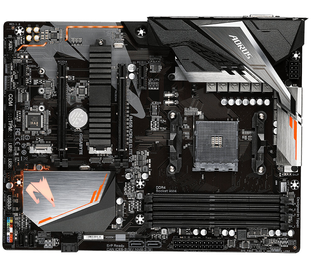 Материнская плата Gigabyte B450 AORUS ELITE V2 (SocketAM4, AMD B450, ATX,4DDR4, ECC/non-ECC,2M.2,2PCI-E16,2PCI-E, DVI, HDMI, PC3600)