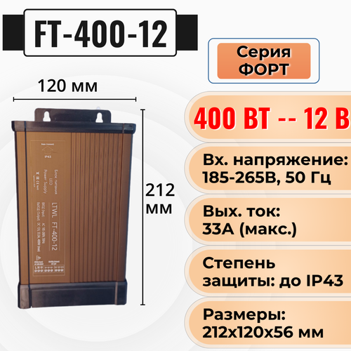 Блок питания 12 Вольт для светодиодных лент, ламп - LTWL FT-400-12, мощность 400Вт. Подходит для подключения камер видеонаблюдения 12V