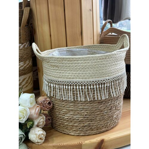 Плетенная корзина с ручками для хранения, кашпо под цветы, высота 27 см. SEA HOME