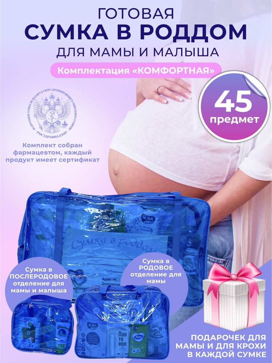 Cумка в роддом прозрачная готовая для мамы и малыша набор для беременных комплектация "Комфортная", цвет синий тонированный