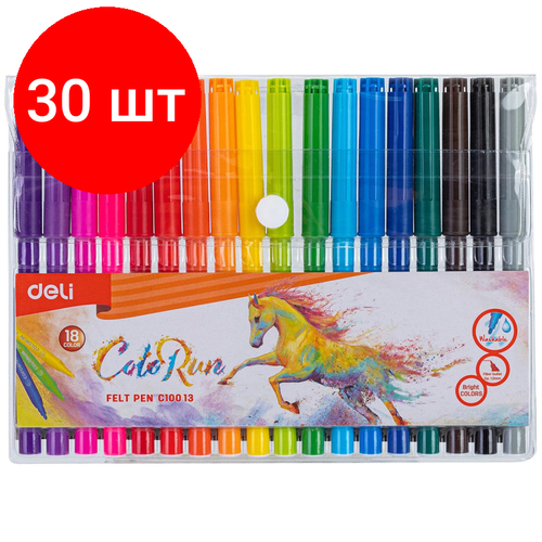 Комплект 30 наб, Фломастеры набор Deli ColoRun вентилир. 18цв. пакет с европодвес, EC10013