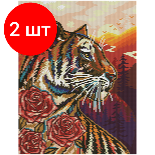 Комплект 2 шт, Алмазная мозаика ТРИ совы Тигр и розы, 30*40см, холст на деревянном подрамнике, картонная коробка с пластиковой ручкой