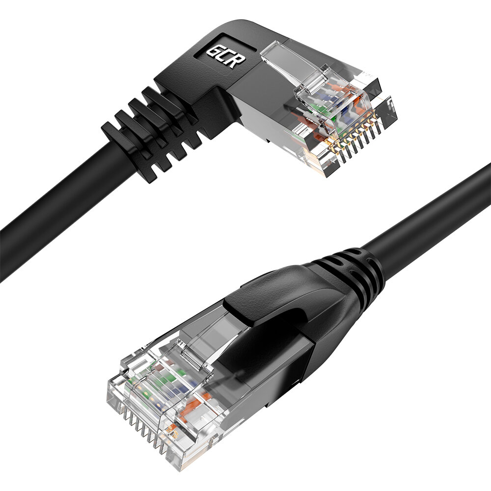 Угловой короткий патч корд KAT.5е LAN кабель для подключения интернета 50см GCR UTP правый угол черный 1 Гбит/с