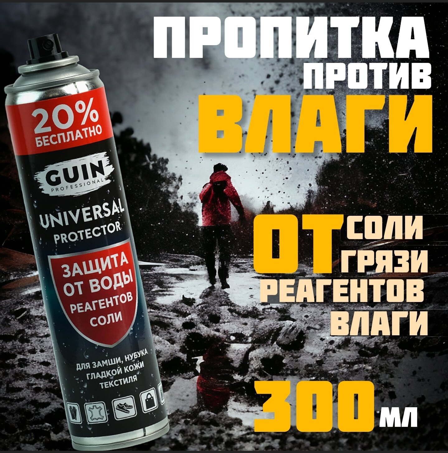 Водотталкивающий спрей пропитка GUIN 300 мл для обуви одежды сумок защита от воды и грязи универсальное средство дождевик для кожи текстиля ткани