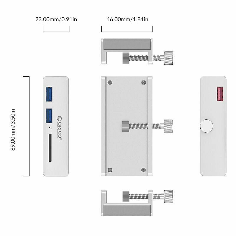 Концентратор USB 3.0 Orico с креплением на зажиме 2*USB-A 3.0, 1*SD, вход USB-A 3.0, серебристый - фото №4