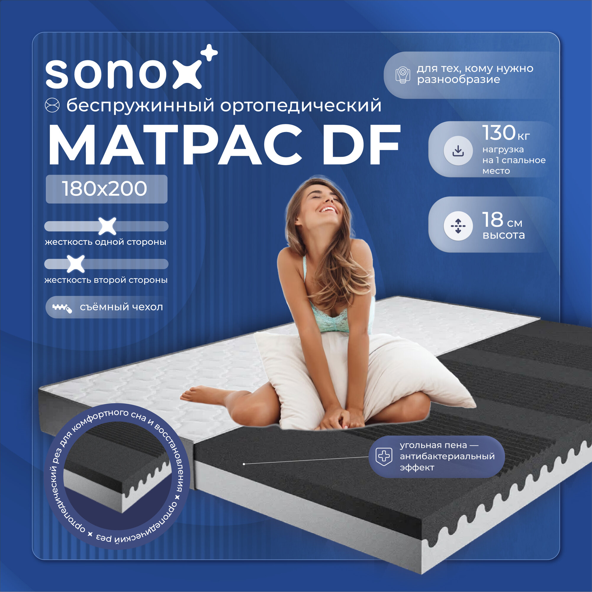 фото Матрас 160х200 см, двусторонний SONOX, беспружинный, анатомический, 7 зон жёсткости FH160200
