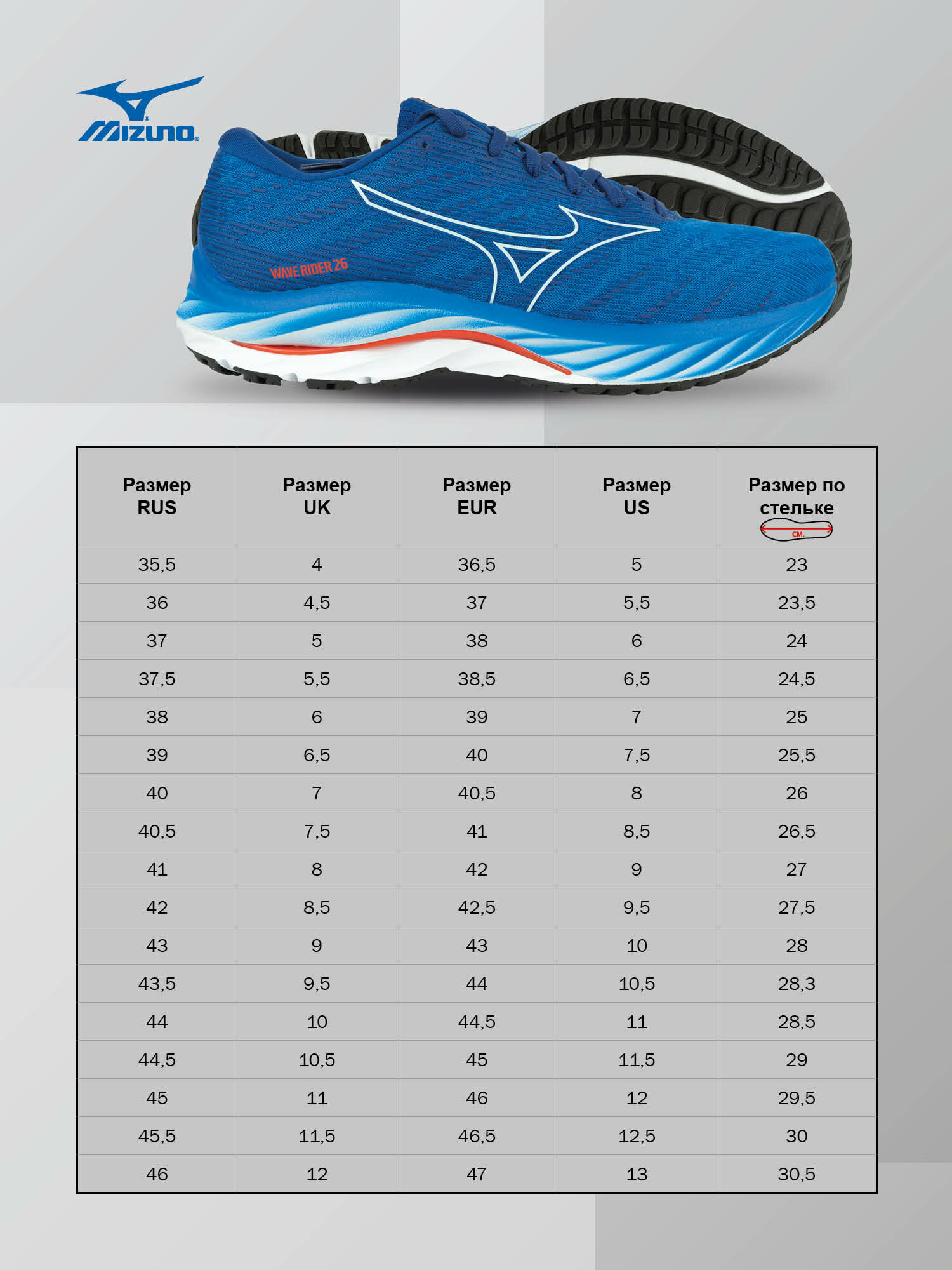 Кроссовки Mizuno Wave Rider 26, размер 9.5, синий