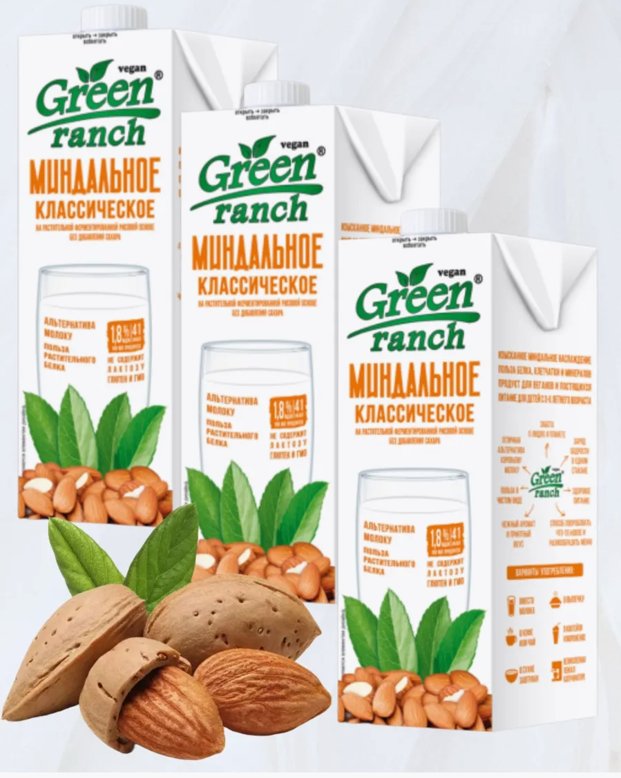Напиток Green Ranch "Миндаль", растительный, не молоко, 1 л, 3 упаковки